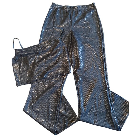 Bebe Black Sequin Two Piece Shimmer Set Medium Made In USA Disco Halter - Picture 2 of 9